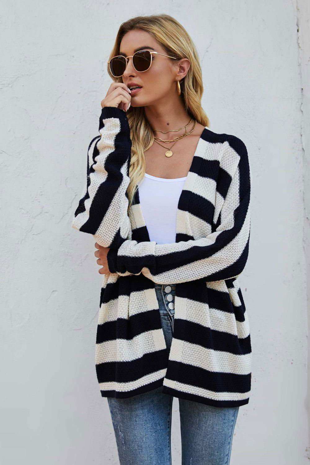 Striped Dolman Sleeve Open Front Cardigan 