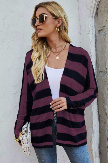 Striped Dolman Sleeve Open Front Cardigan 