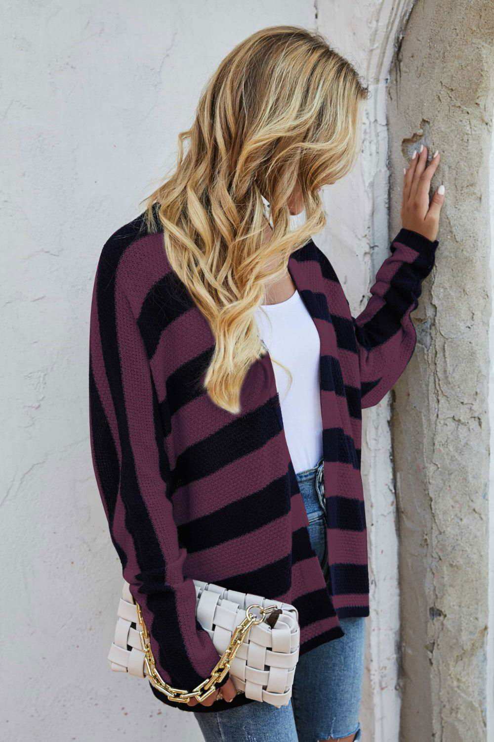 Striped Dolman Sleeve Open Front Cardigan 