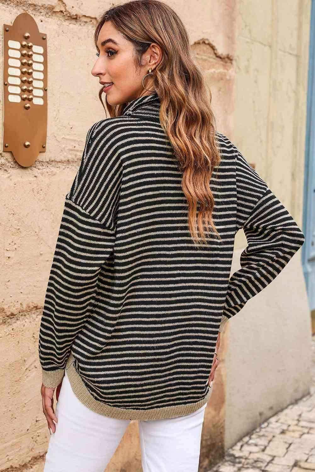 Striped Drop Shoulder Turtleneck Sweater 