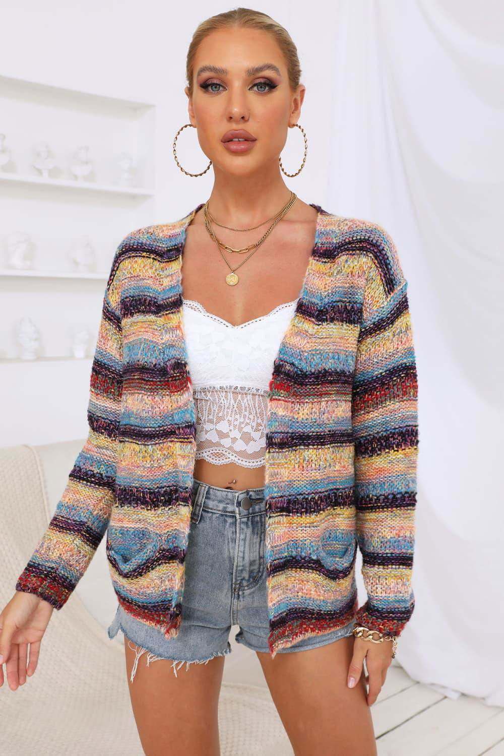 Striped Long Sleeve Open Front Cardigan 