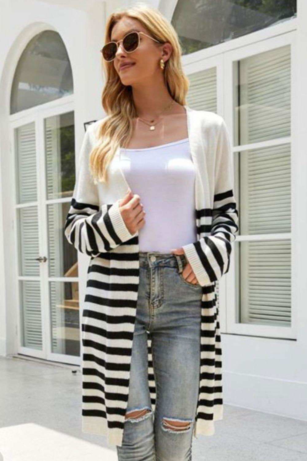 Striped Open Front Longline Cardigan 