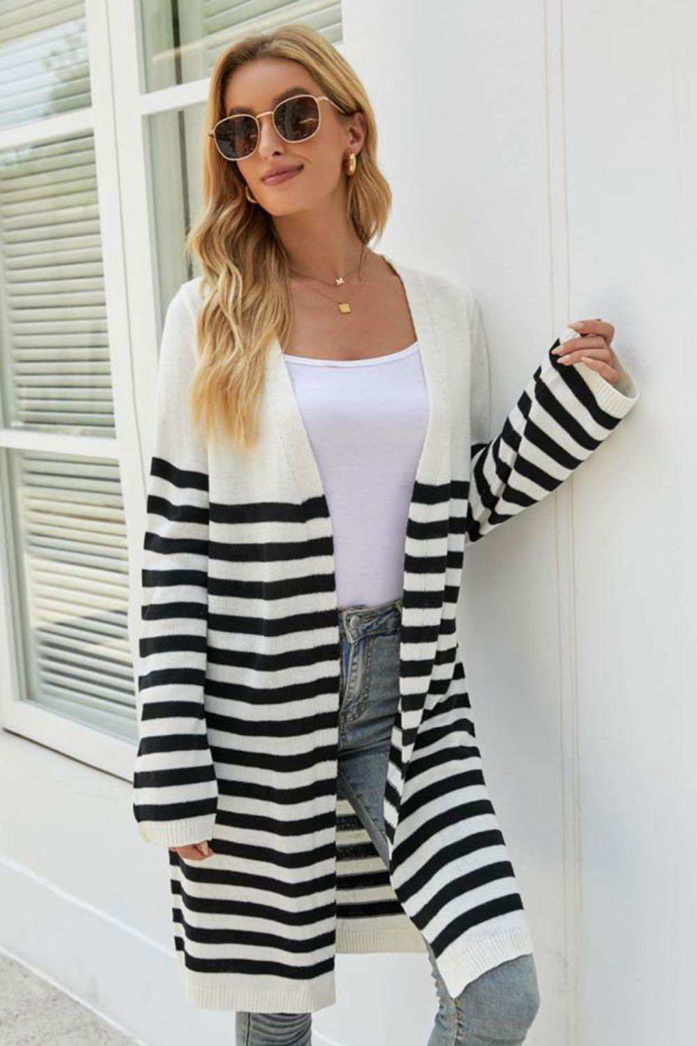 Striped Open Front Longline Cardigan 