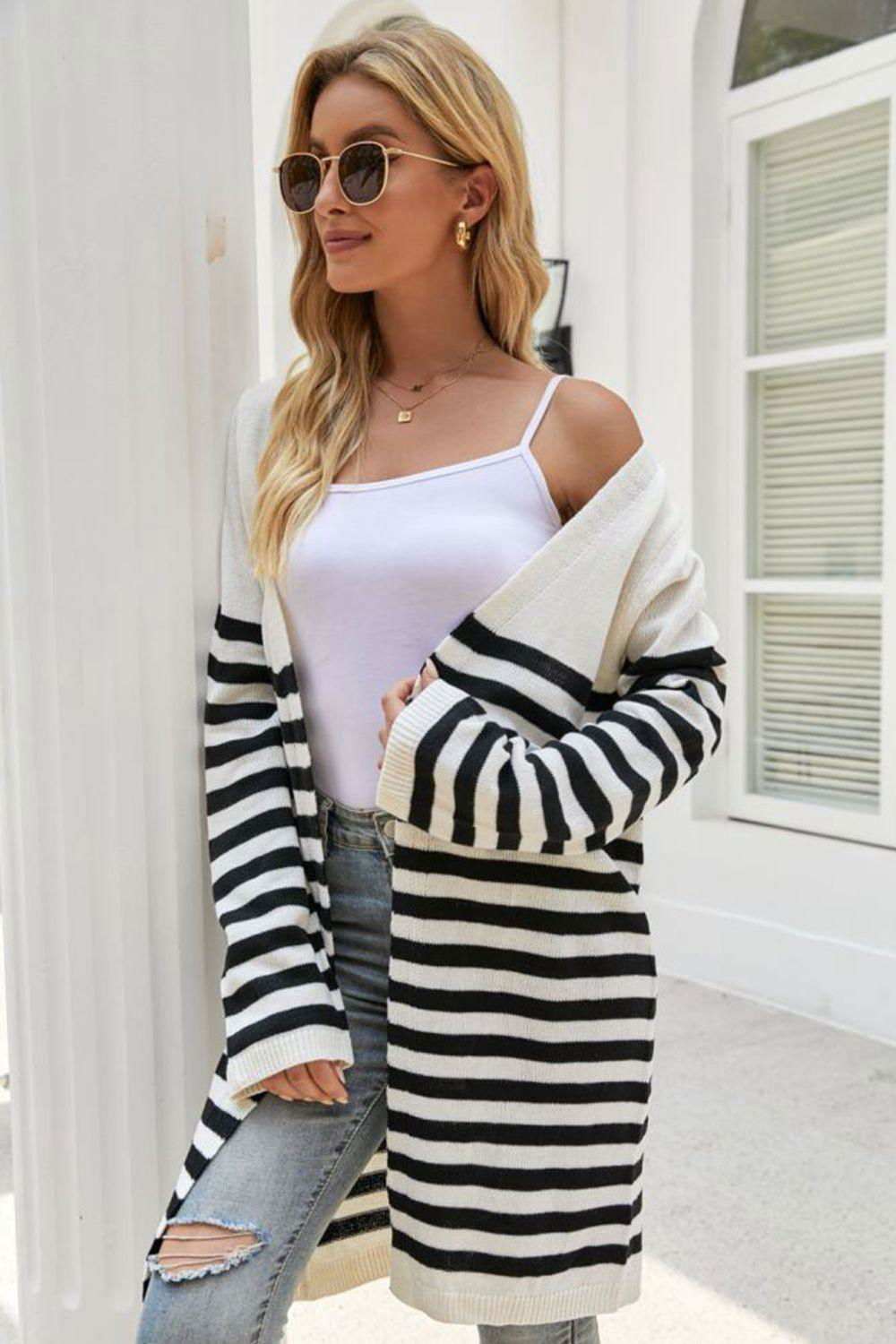 Striped Open Front Longline Cardigan 