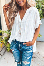 Striped Print Loose Fit V Neck Short Sleeve Blouse 