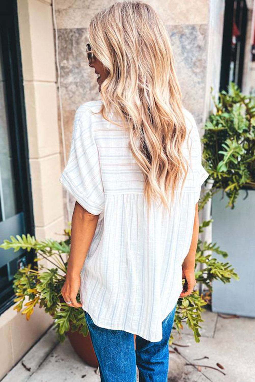 Striped Print Loose Fit V Neck Short Sleeve Blouse 