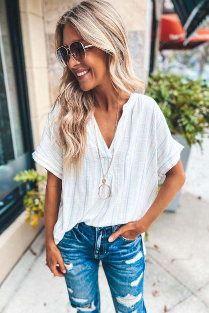 Striped Print Loose Fit V Neck Short Sleeve Blouse 