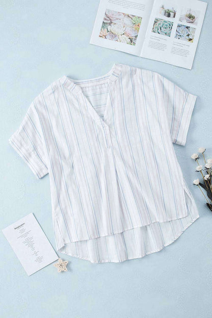 Striped Print Loose Fit V Neck Short Sleeve Blouse 