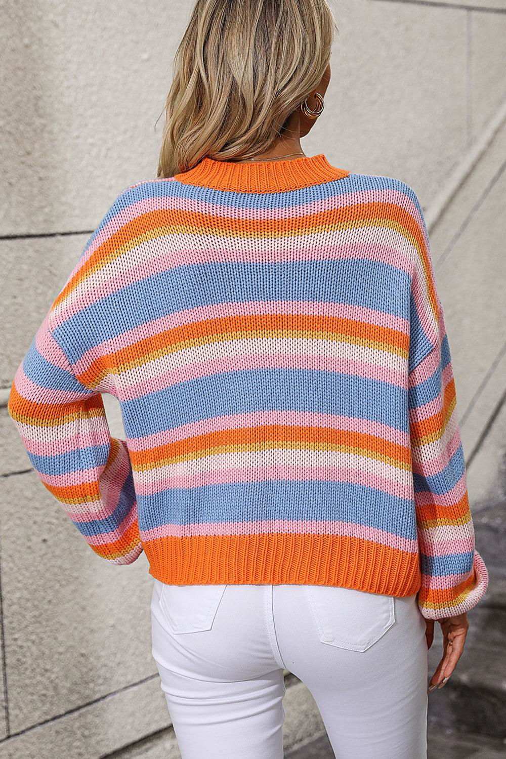 Striped Round Neck Dropped Shoulder Sweater 