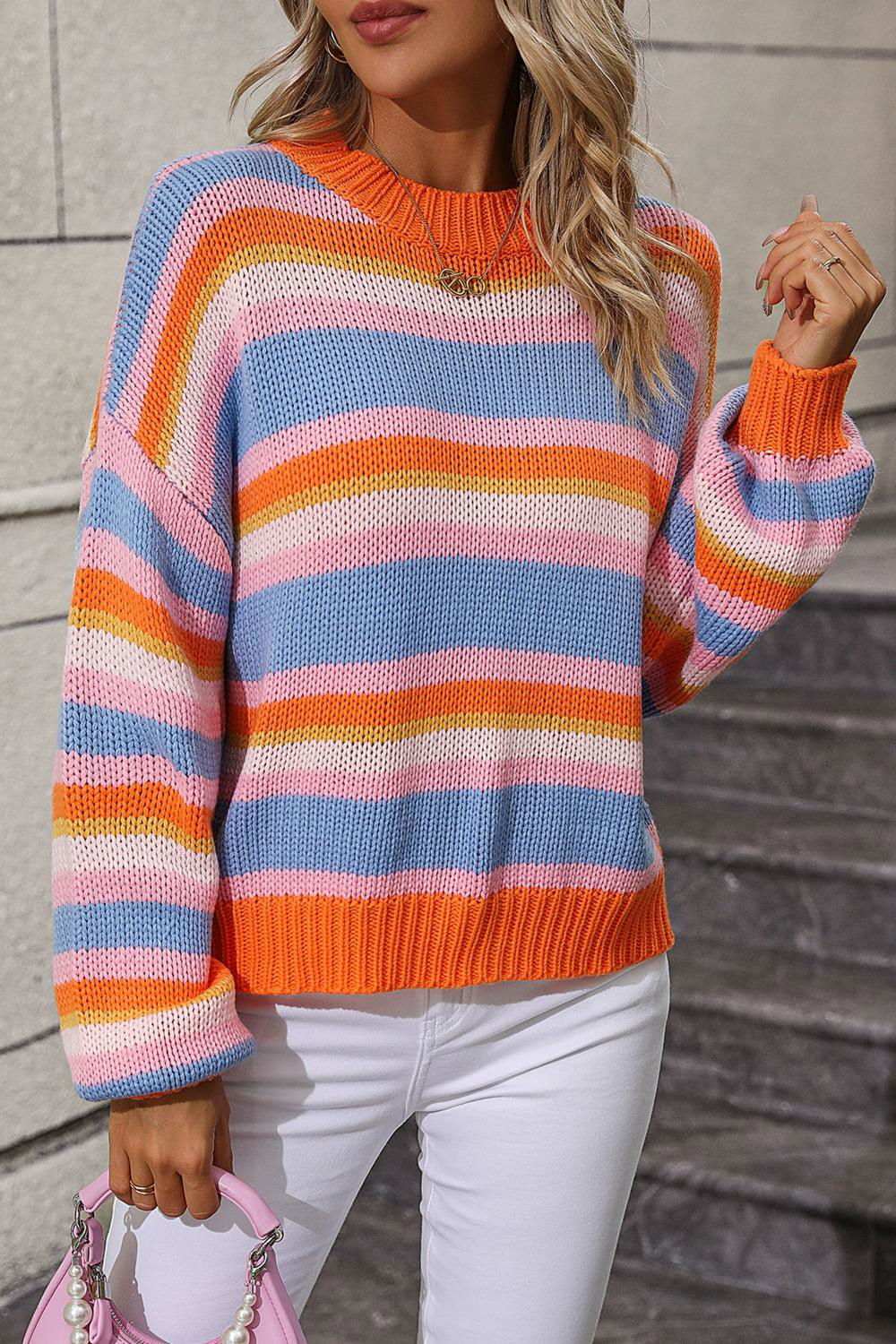 Striped Round Neck Dropped Shoulder Sweater 