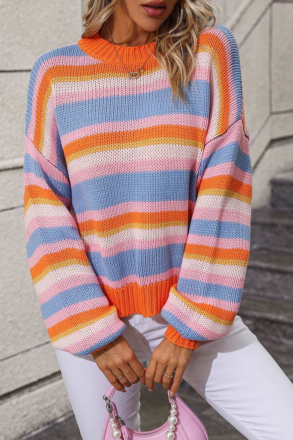 Striped Round Neck Dropped Shoulder Sweater 