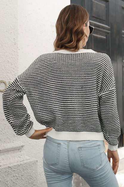 Striped Round Neck Dropped Shoulder Sweater 