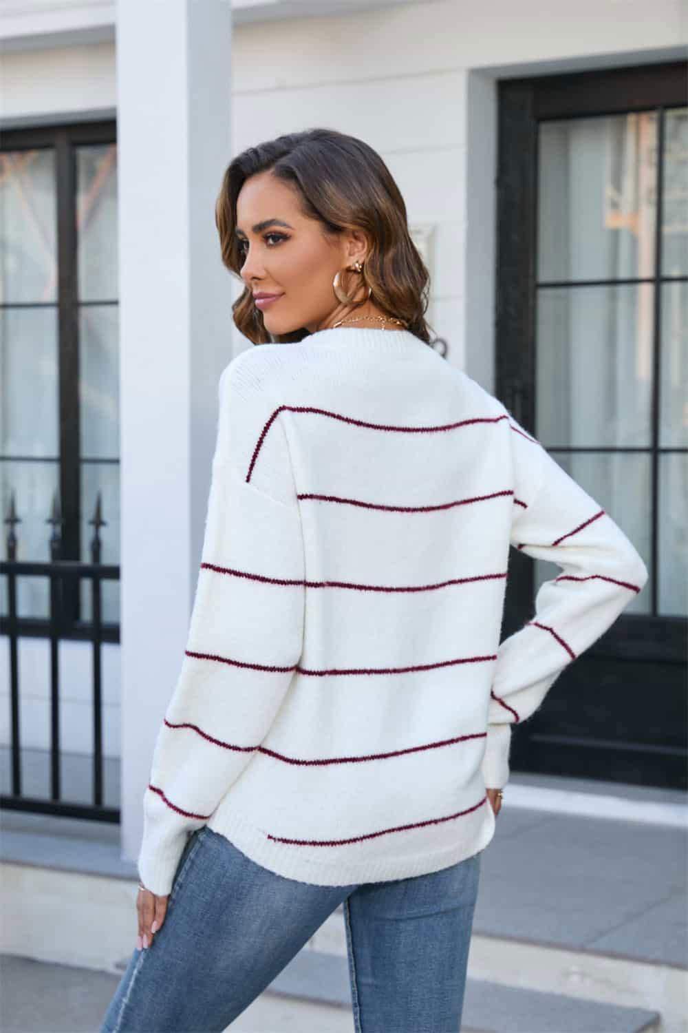 Striped Round Neck Long Sleeve Sweater 