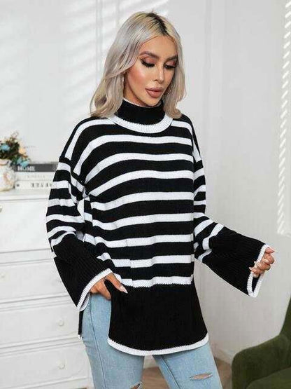 Striped Slit Turtleneck Drop Shoulder Sweater 