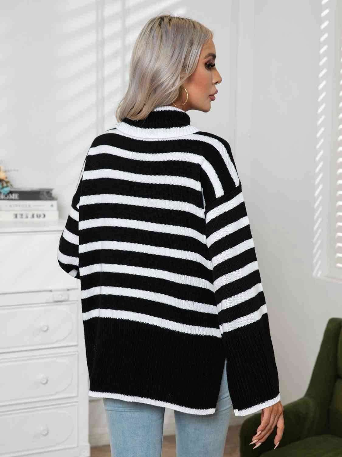 Striped Slit Turtleneck Drop Shoulder Sweater 