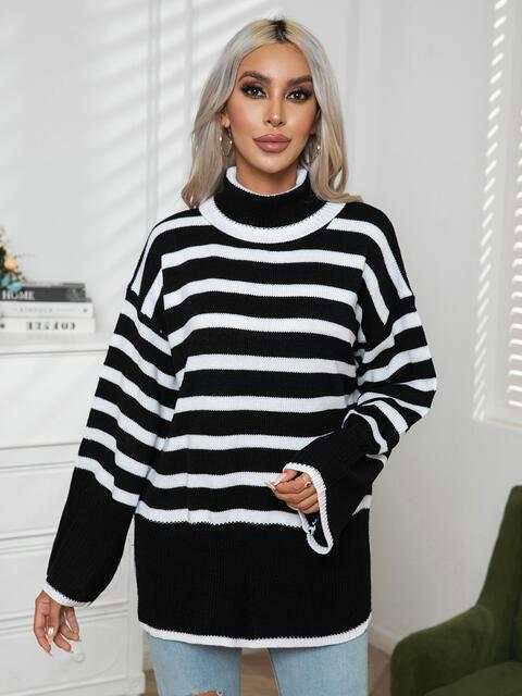 Striped Slit Turtleneck Drop Shoulder Sweater 