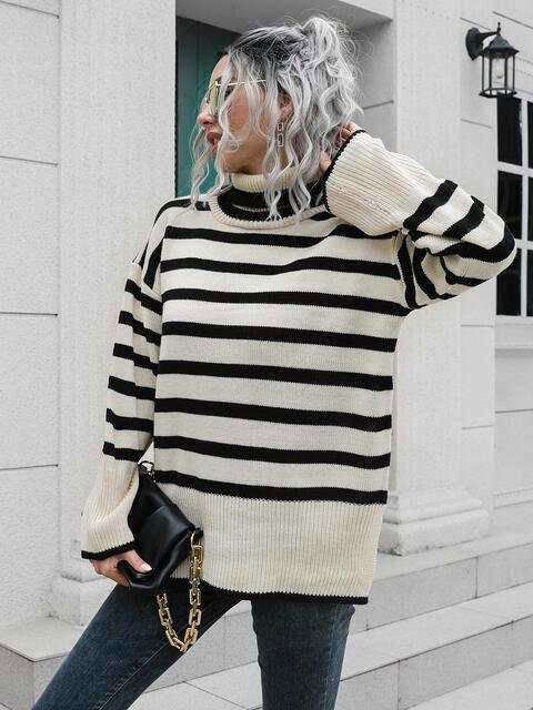 Striped Slit Turtleneck Drop Shoulder Sweater 