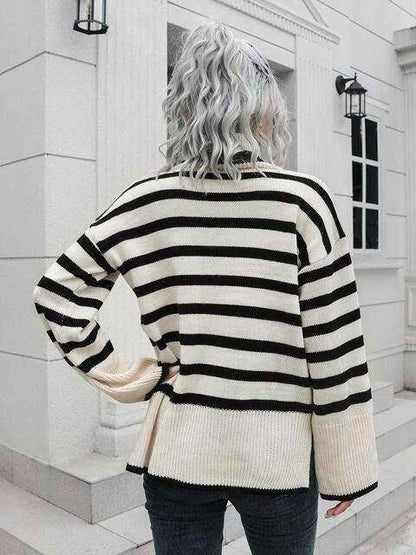 Striped Slit Turtleneck Drop Shoulder Sweater 