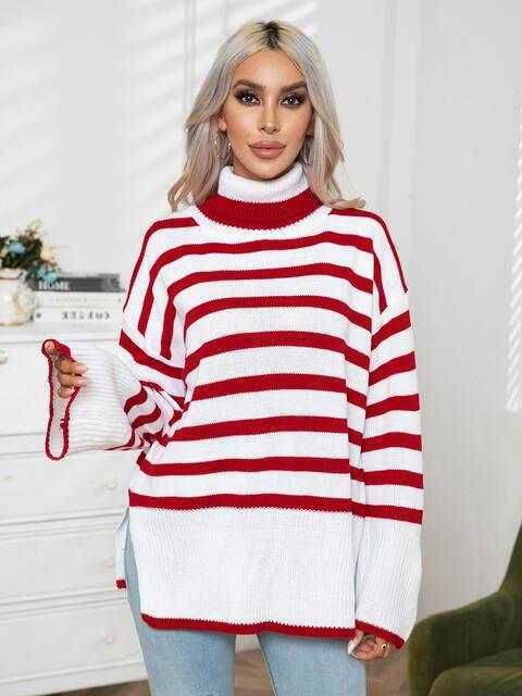 Striped Slit Turtleneck Drop Shoulder Sweater 