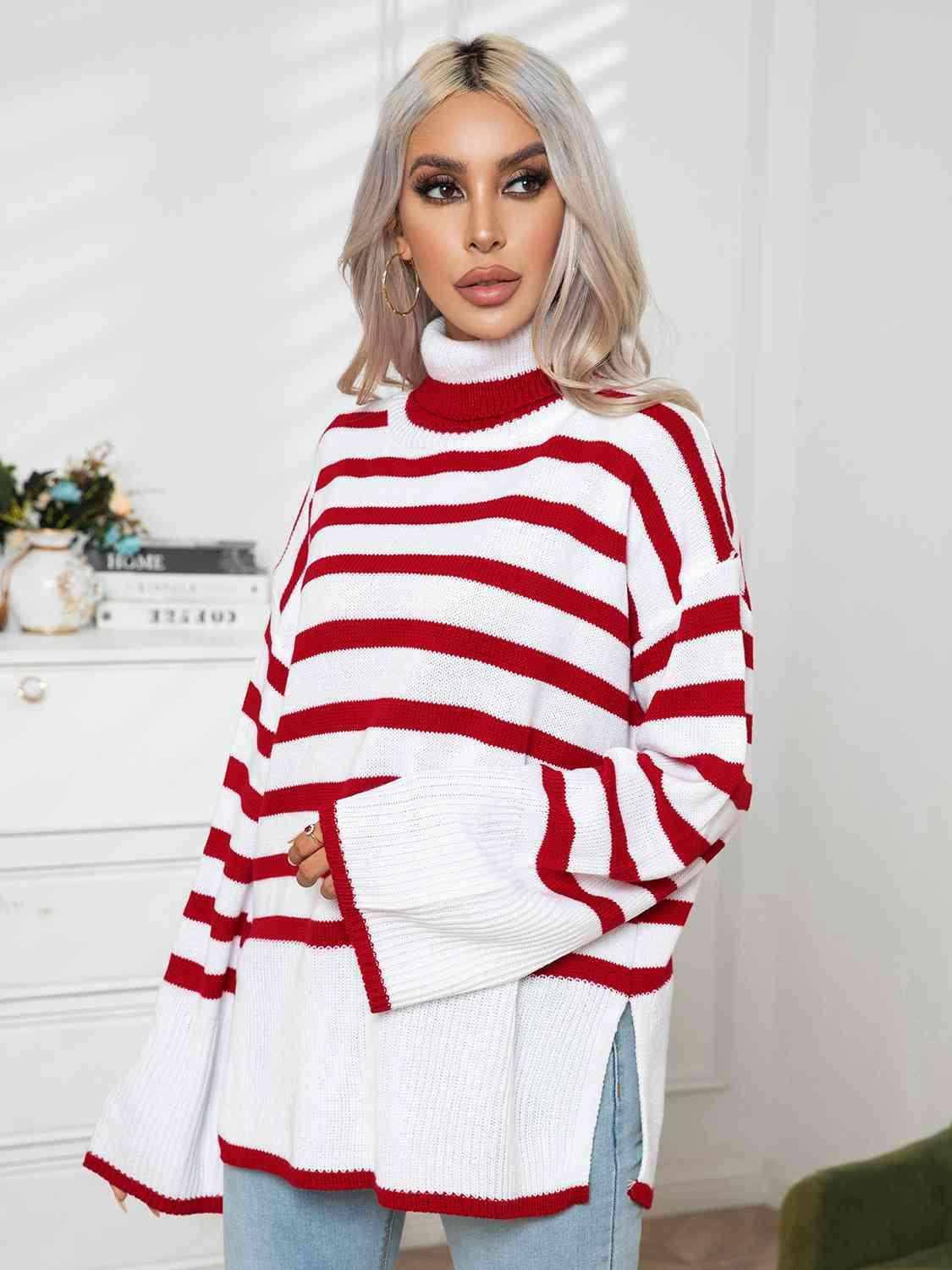 Striped Slit Turtleneck Drop Shoulder Sweater 