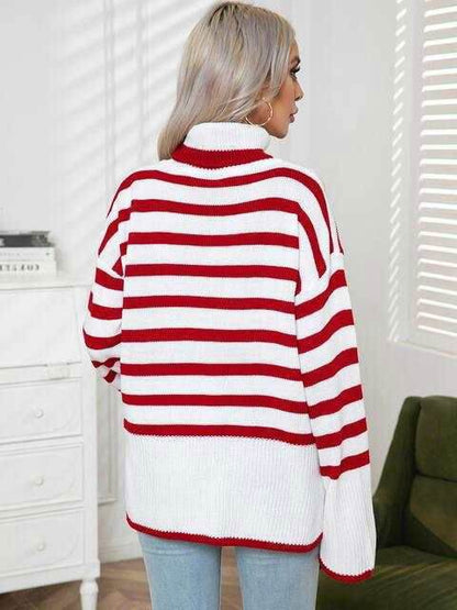 Striped Slit Turtleneck Drop Shoulder Sweater 