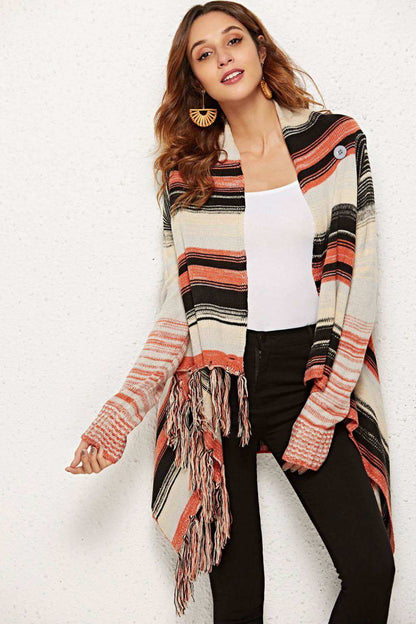 Striped Tassel Detail One-Button Cardigan 