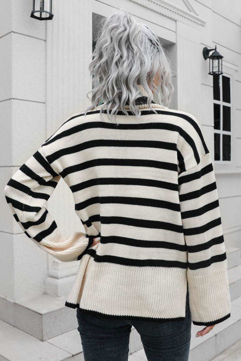 Striped Turtleneck Drop Shoulder Sweater 