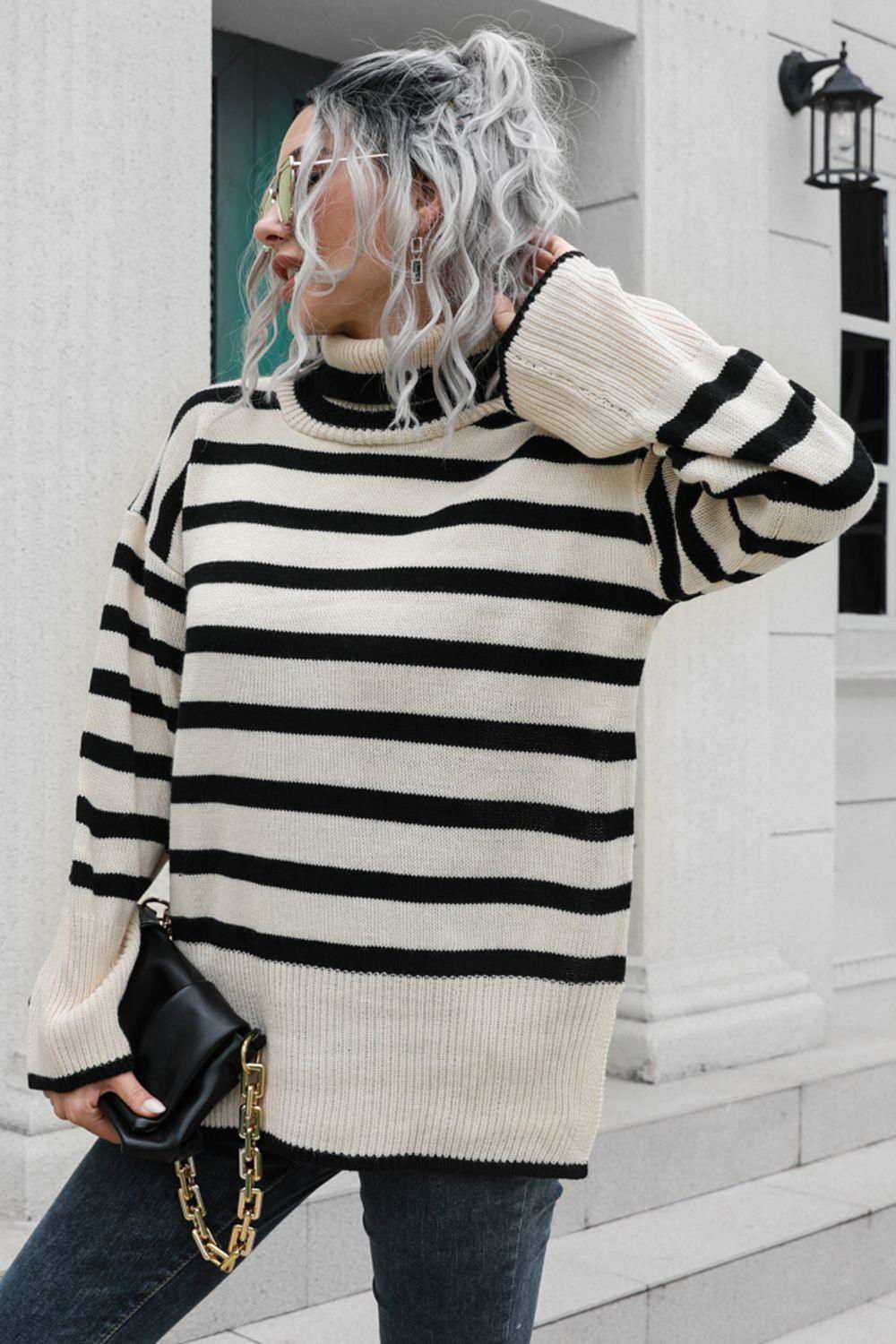 Striped Turtleneck Drop Shoulder Sweater 