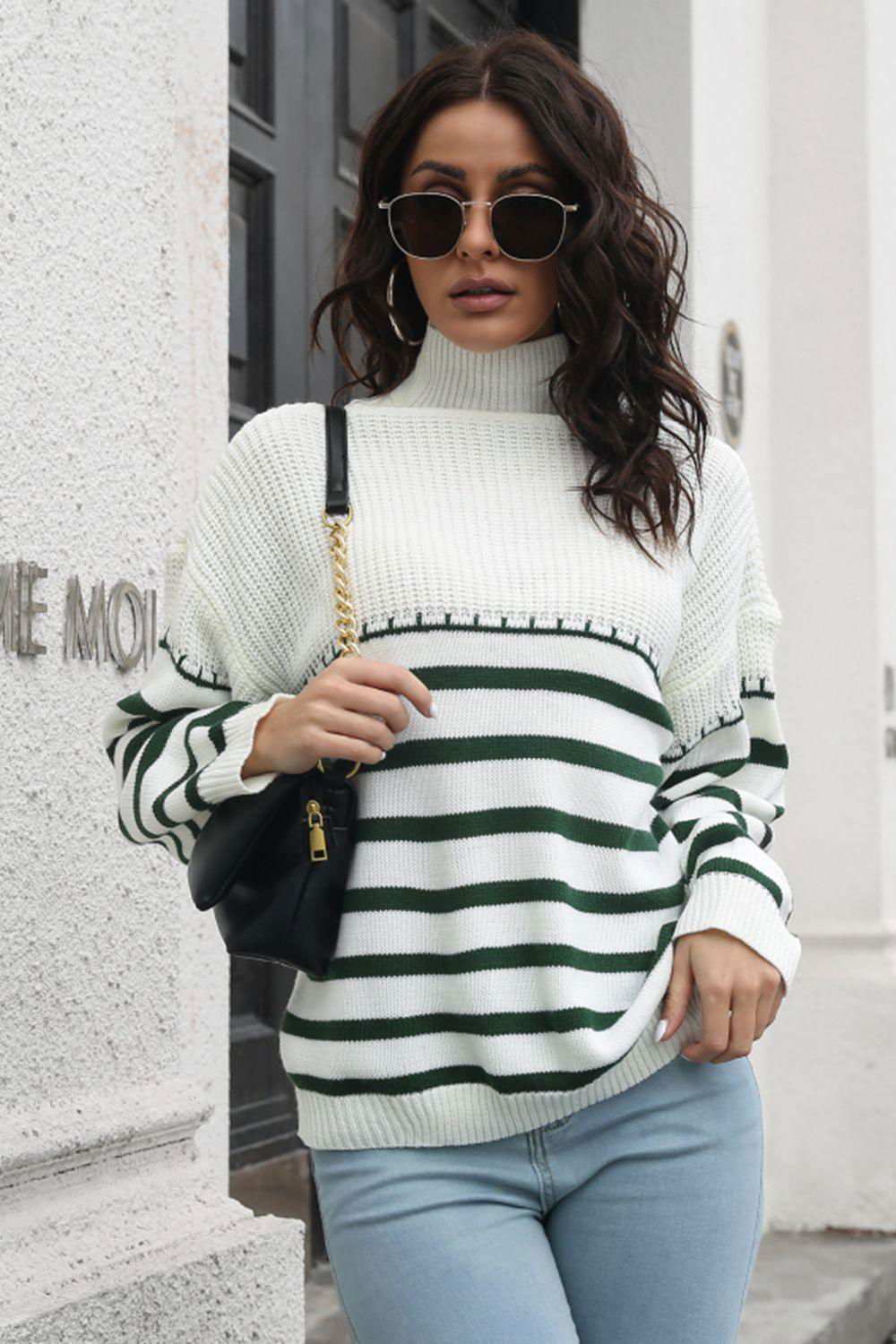 Striped Turtleneck Drop Shoulder Sweater 