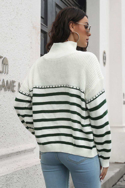 Striped Turtleneck Drop Shoulder Sweater 