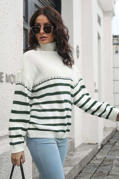 Striped Turtleneck Drop Shoulder Sweater 