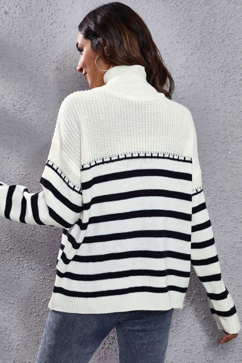 Striped Turtleneck Drop Shoulder Sweater 