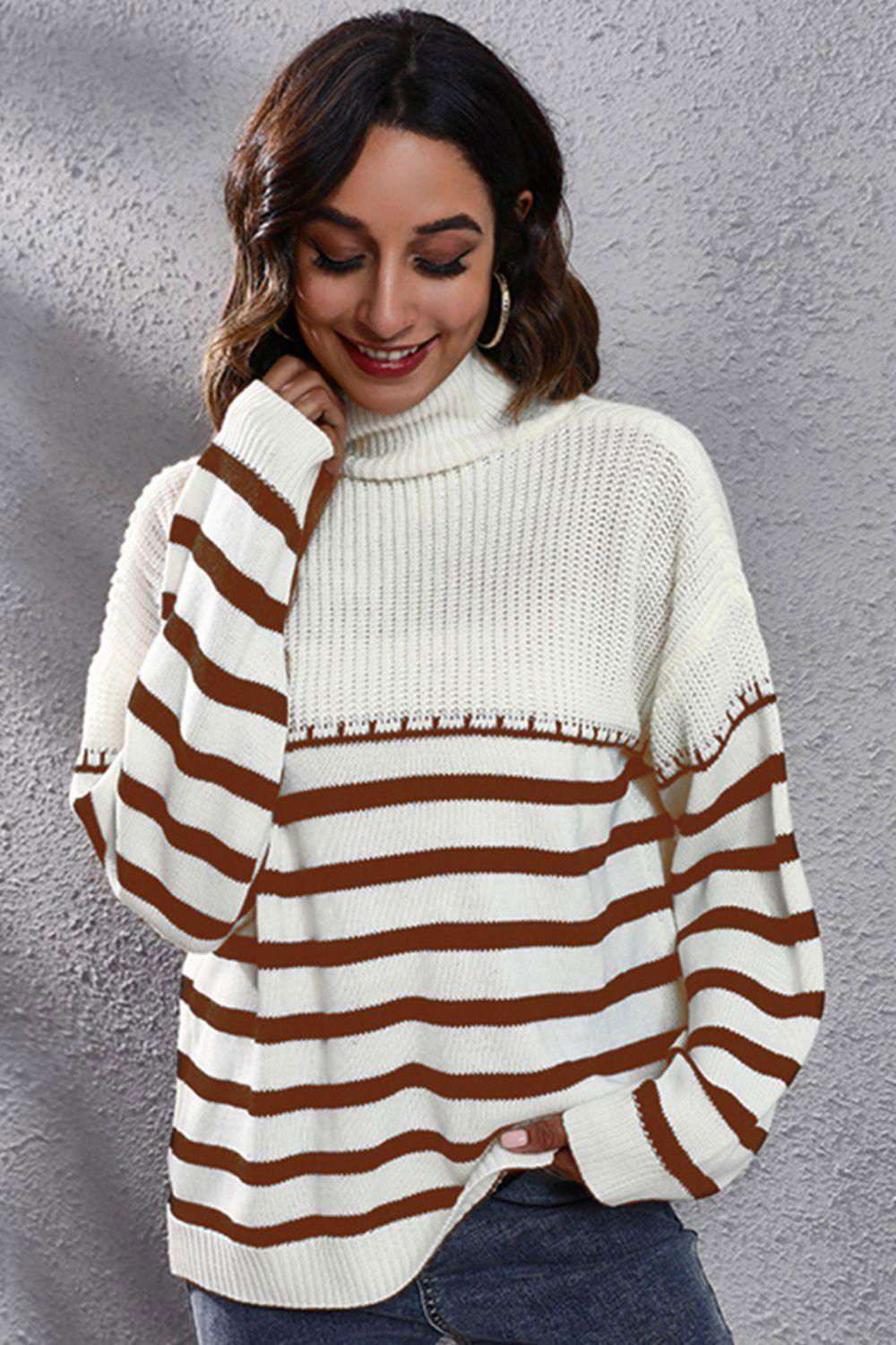 Striped Turtleneck Drop Shoulder Sweater 