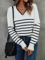 Striped V-Neck Drop Shoulder Sweater 