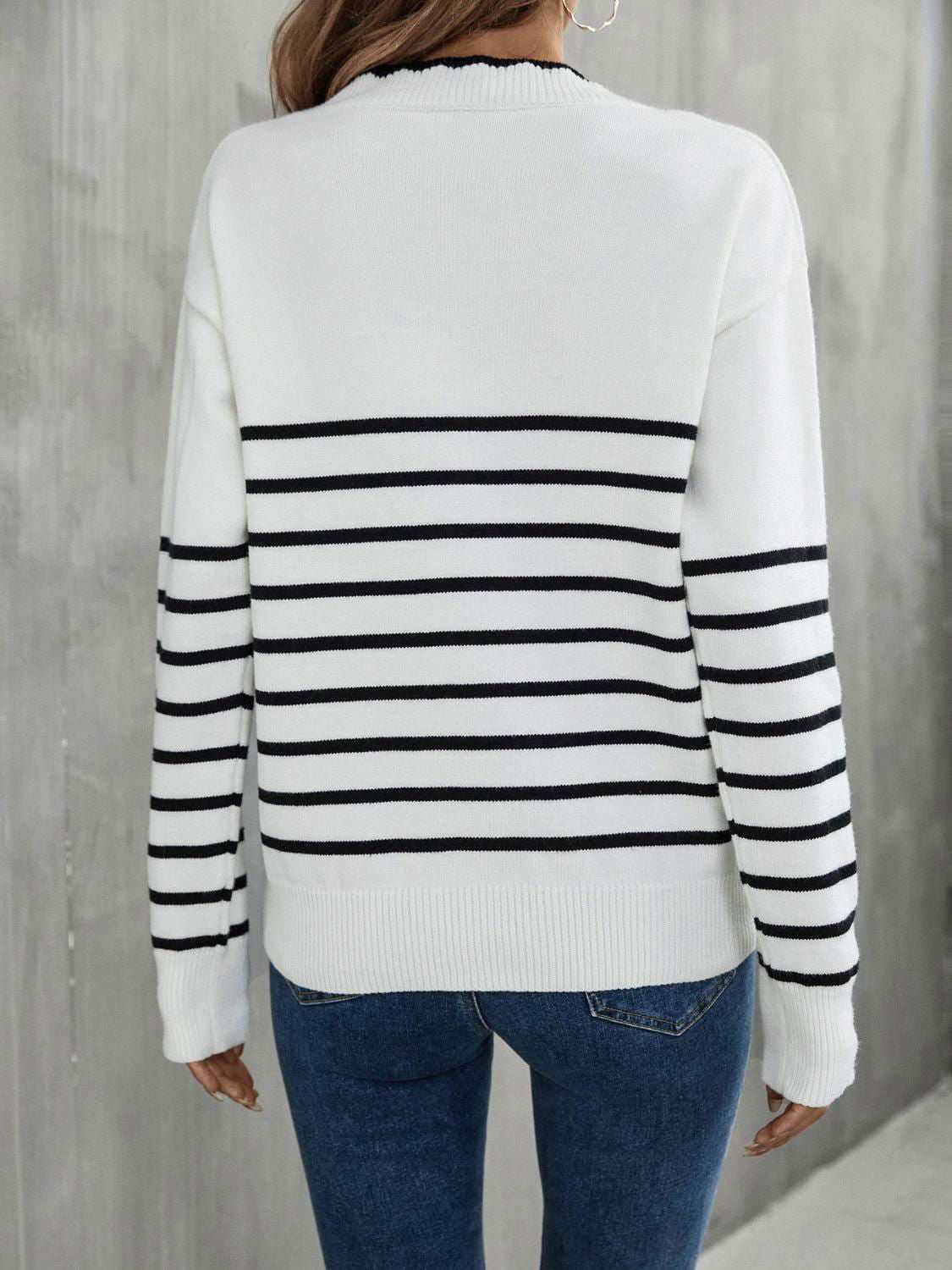 Striped V-Neck Drop Shoulder Sweater 