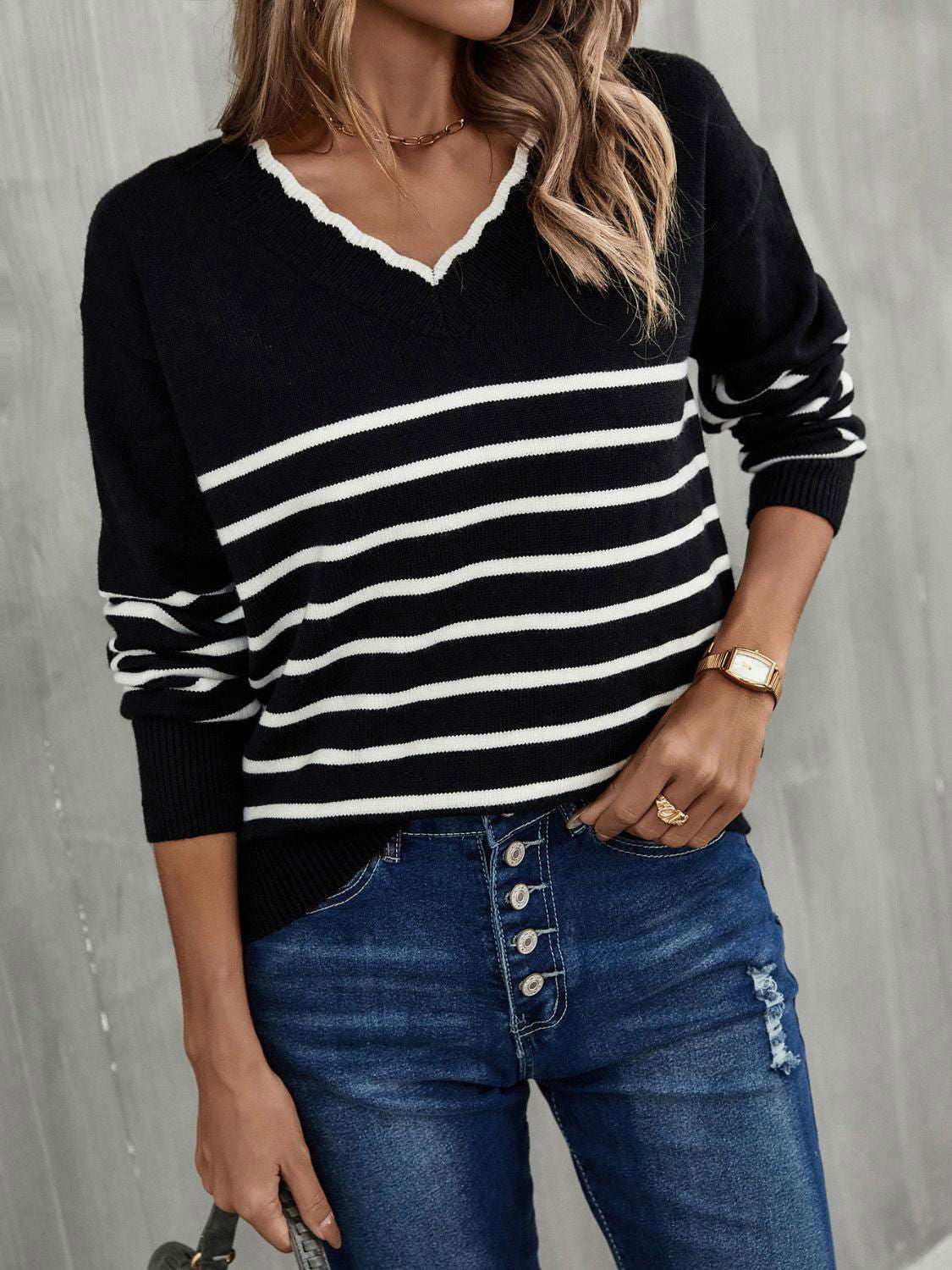 Striped V-Neck Drop Shoulder Sweater 