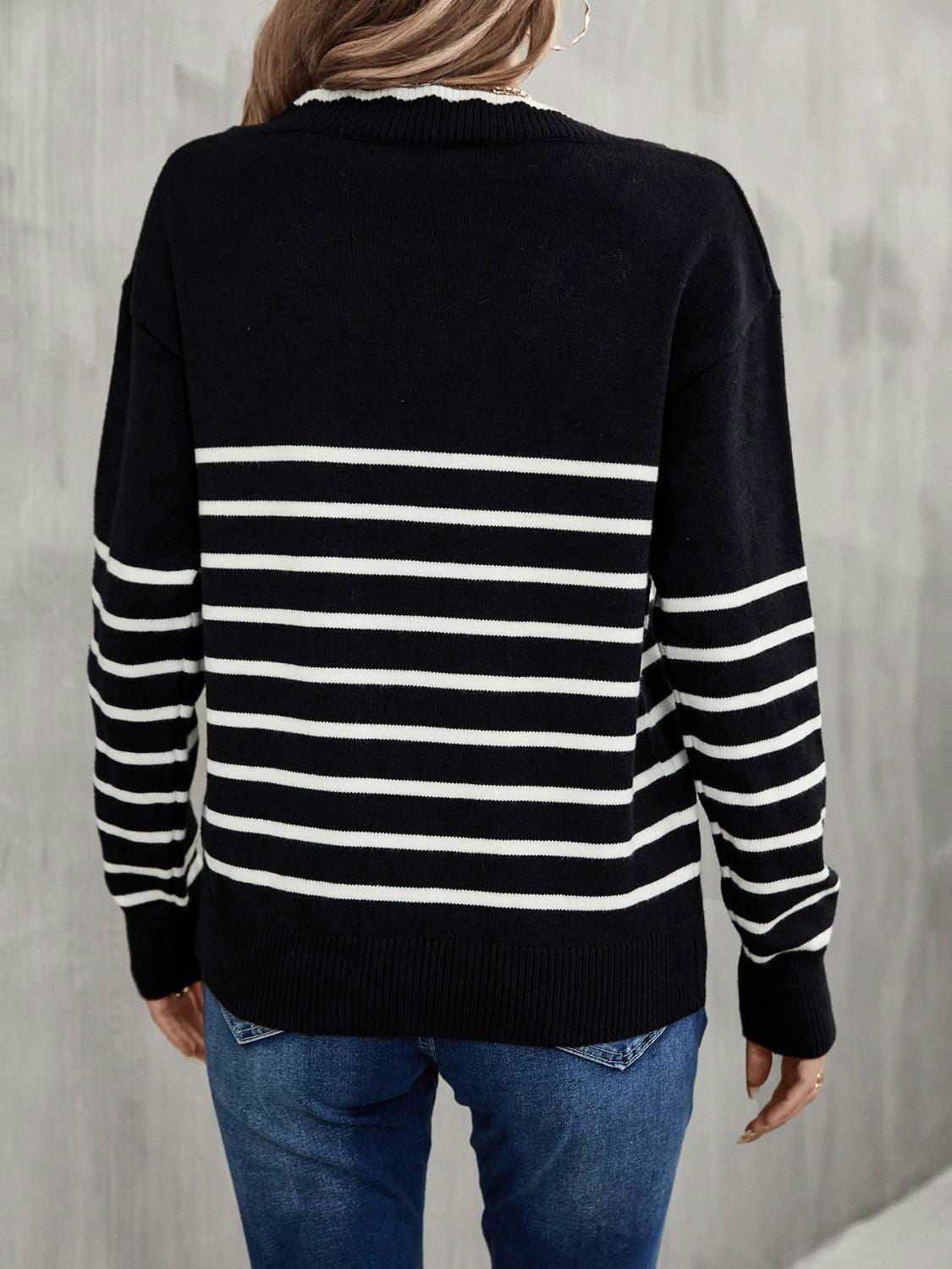 Striped V-Neck Drop Shoulder Sweater 