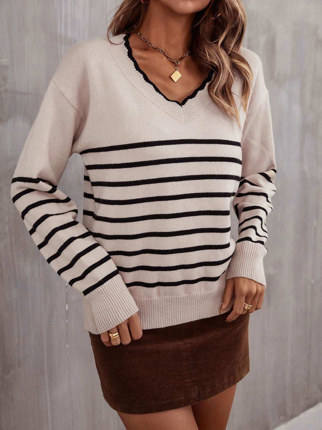 Striped V-Neck Drop Shoulder Sweater 