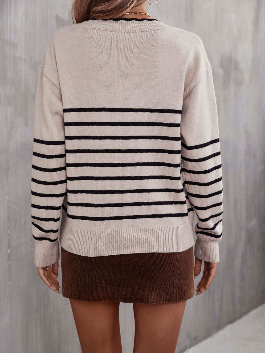 Striped V-Neck Drop Shoulder Sweater 