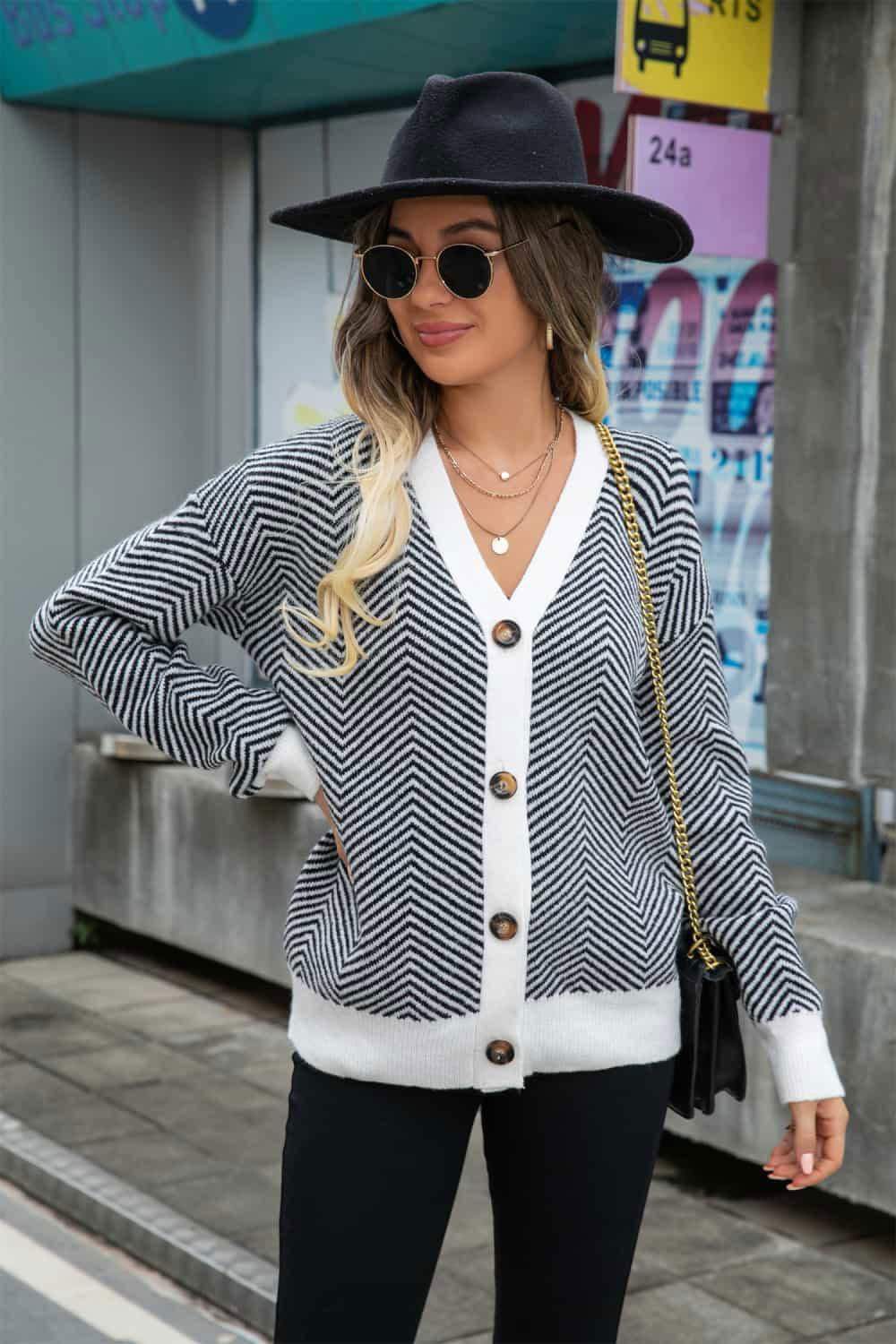 Striped V-Neck Dropped Shoulder Button-Up Cardigan 