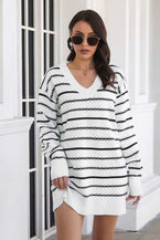 Striped V-Neck Sweater Dress 