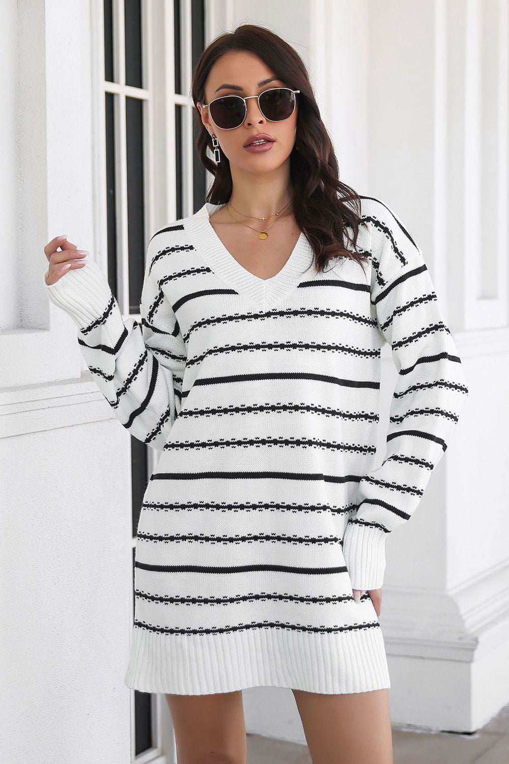 Striped V-Neck Sweater Dress 