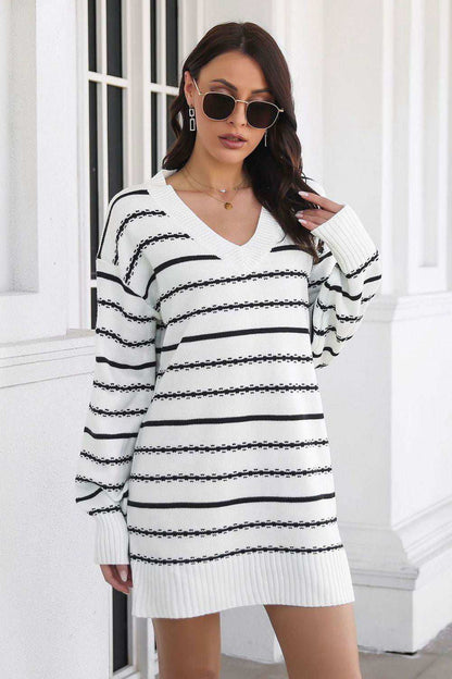 Striped V-Neck Sweater Dress 