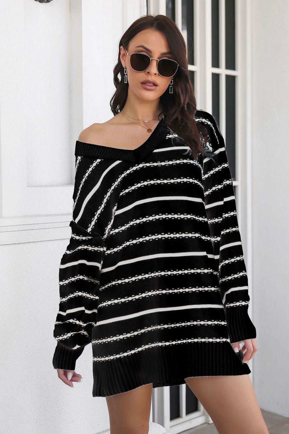 Striped V-Neck Sweater Dress 