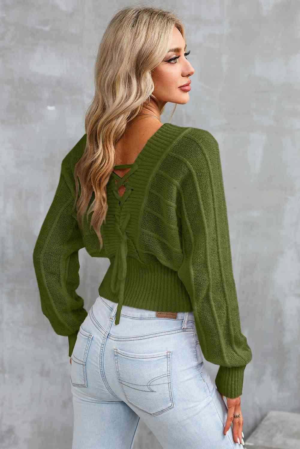 Surplice Neck Lace-Up Sweater 