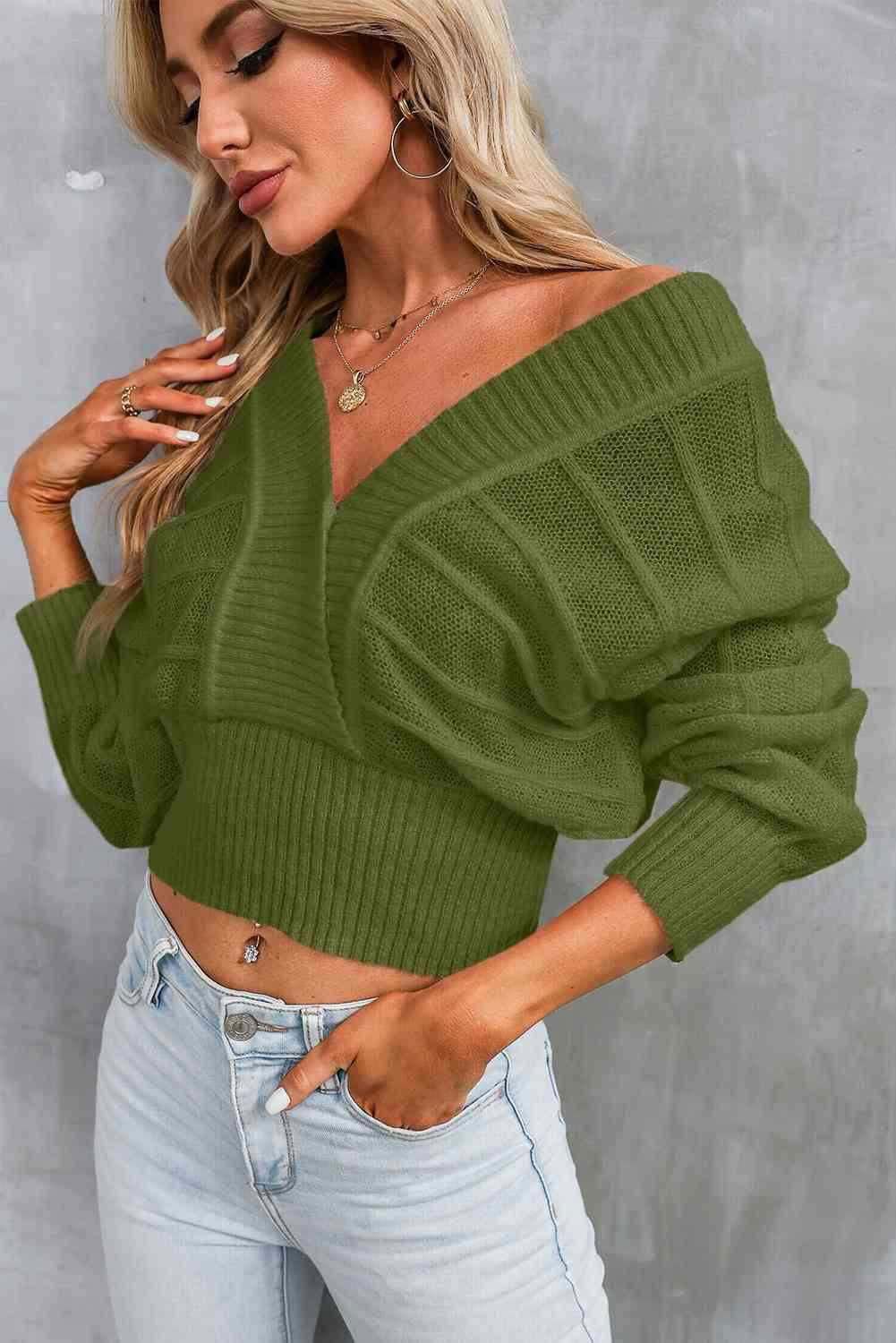 Surplice Neck Lace-Up Sweater 