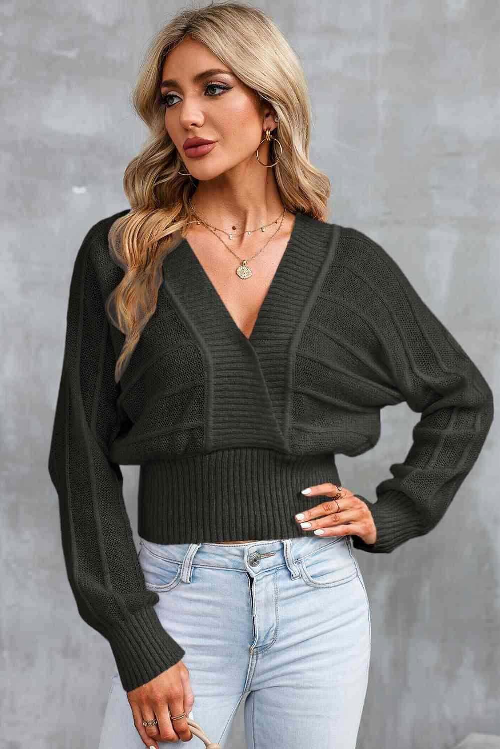 Surplice Neck Lace-Up Sweater 