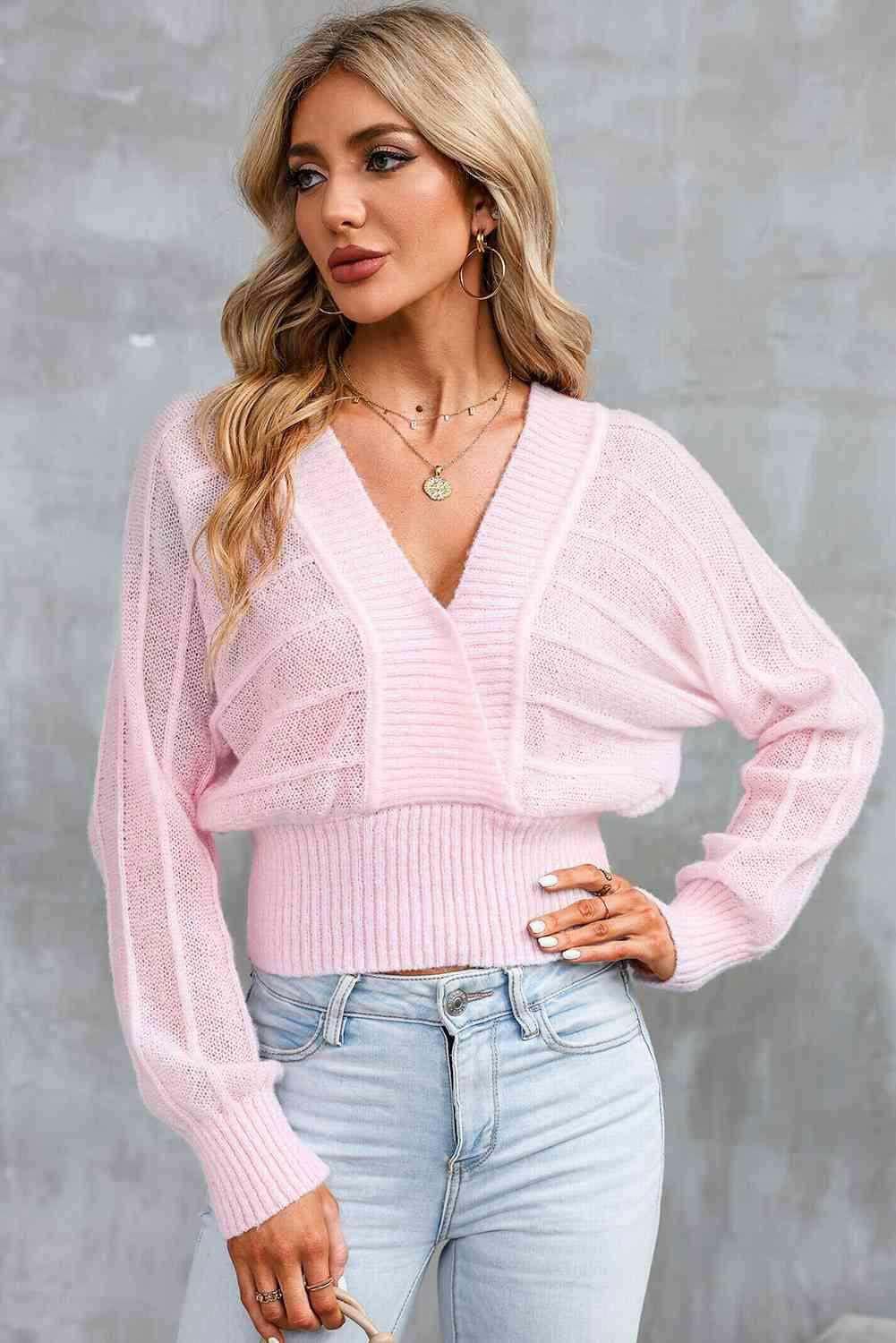 Surplice Neck Lace-Up Sweater 