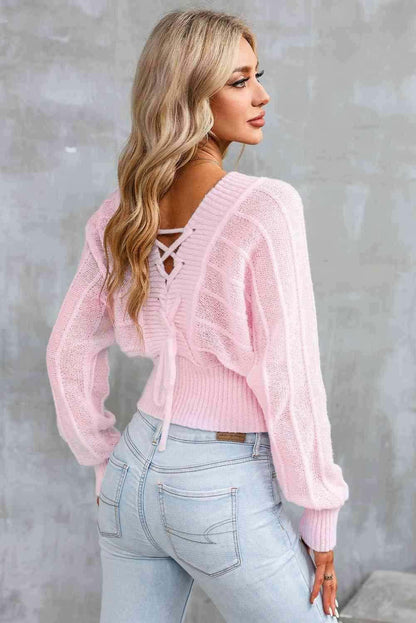 Surplice Neck Lace-Up Sweater 