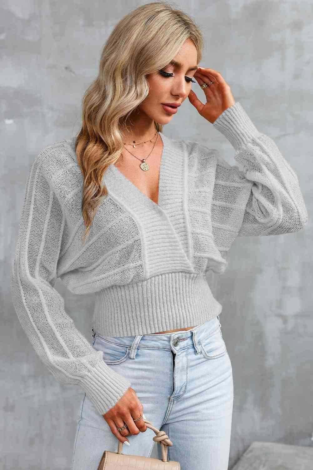 Surplice Neck Lace-Up Sweater 